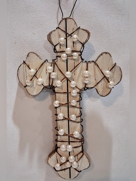 Source Unknown Other - Beaded Rustic White Wooden Cross Wall Hanging
